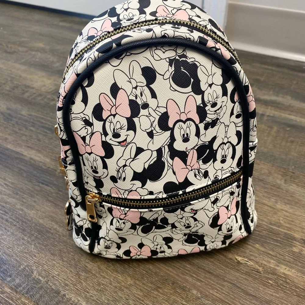 Disney Pink White and‎ Black Minnie Mouse Mini Backpack With Keychain NWOT